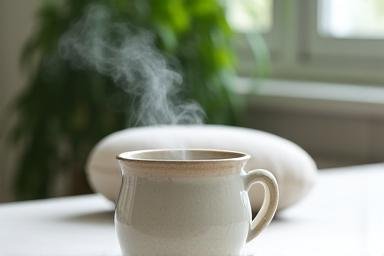 Steaming herbal tea on a minimalist desk with a meditation cushion in the background