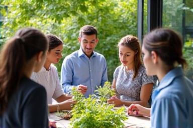 Diverse group of professionals participating in an outdoor herbal workshop setting