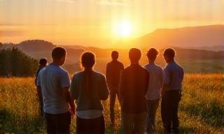 Team collaborating outdoors in a beautiful natural landscape